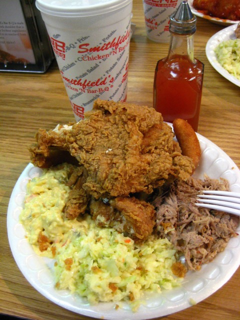 Fried chicken and bbq plate, Smithfield Chicken and BBQ